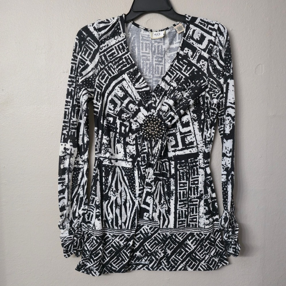 ECI New York Womens Black White Geometric Abstract Beaded V-Neck Top Small